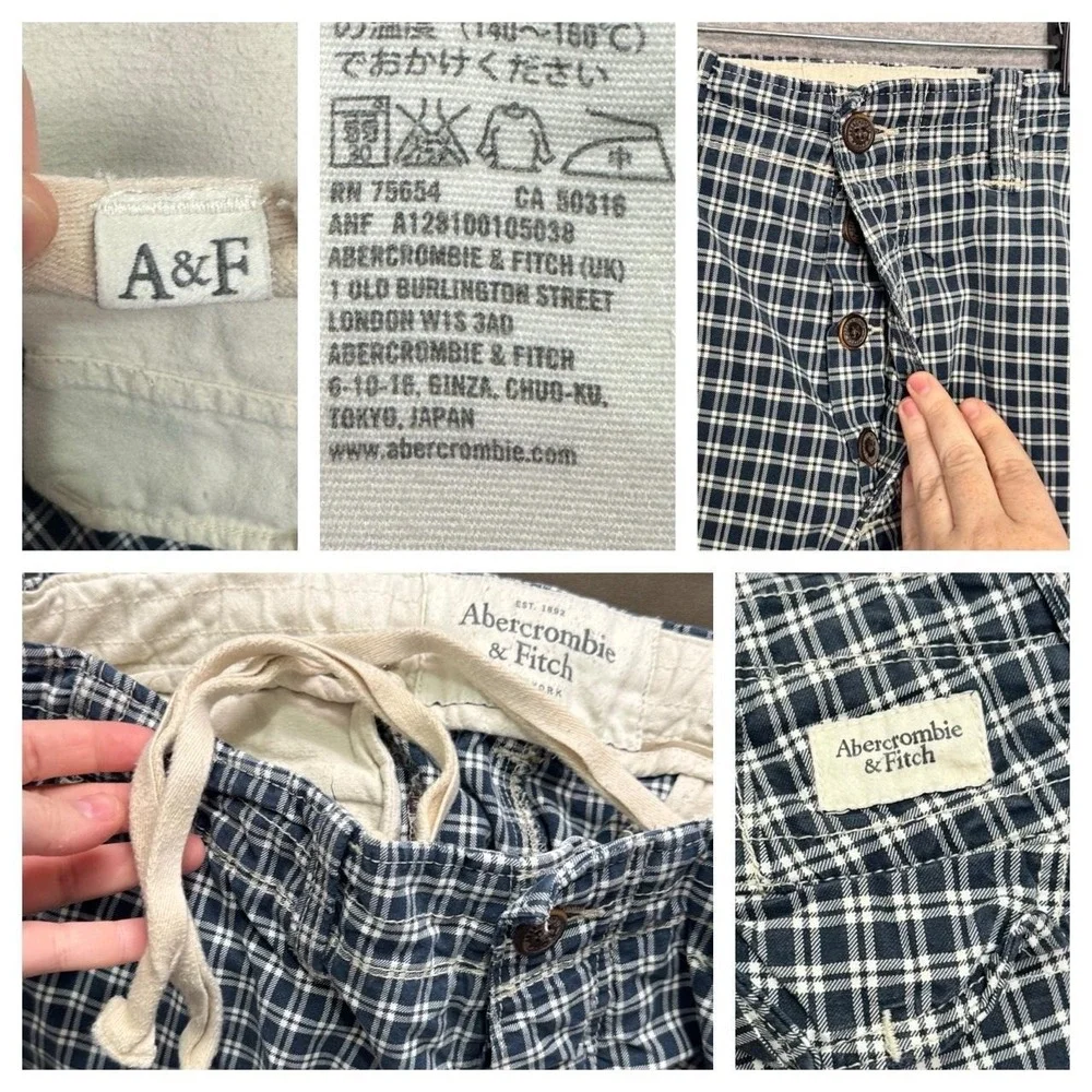 Abercrombie Fitch Men's 34 Blue Plaid Button Fly Drawstring Shorts Y2K Skater